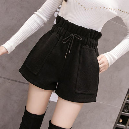 Fashion Short Pants Women High Waist Solid Woolen Female Shorts Casual Wide Leg Shorts Women