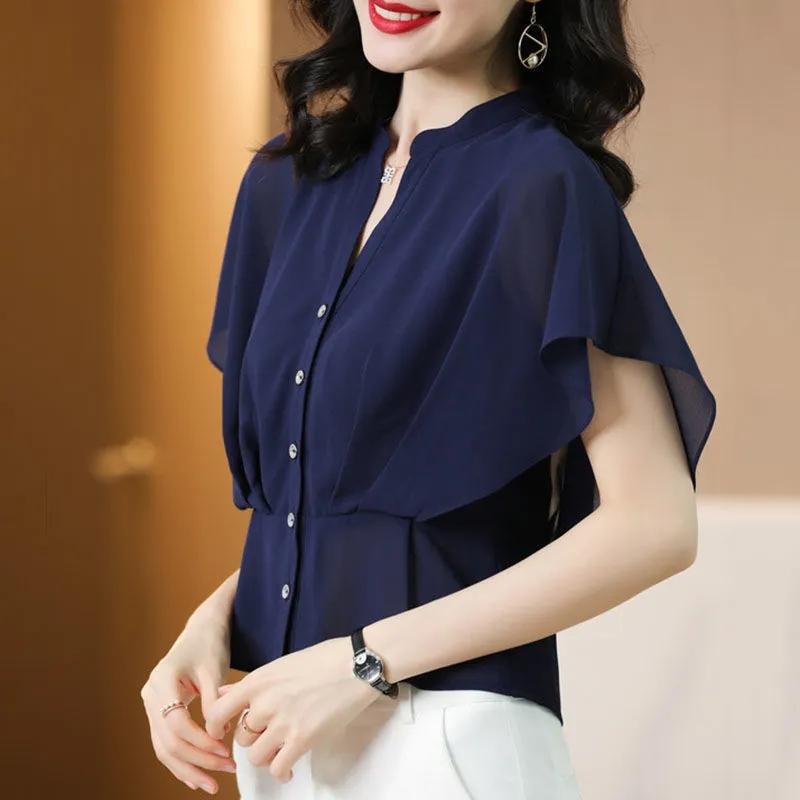 Chiffon Shirts Short Sleeve Women's Blouses Summer Slim Waist Short Blouse V-neck Buttons Trumpet Sleeves Temperament Tops Casual All Match Female Top