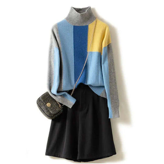 2021 Autumn and Winter New Half-high Neck Color Matching Knitted Sweater Women Loose Casual Pullover