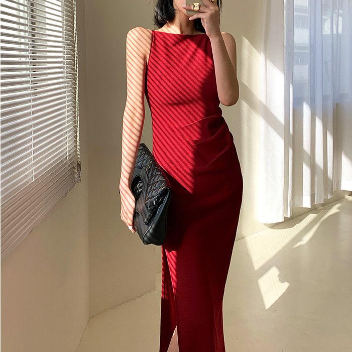 Red Suspender Dress Summer 2021 New Popular Sexy Slim Slimming Outer Wear One Word Collar French Sleeveless
