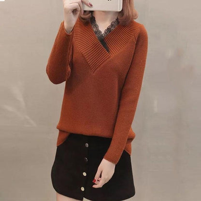 Autumn and Winter Lace V-neck Top Thickened Long-sleeved Knitted Sweater Loose and Versatile Women's Bottoming Shirt