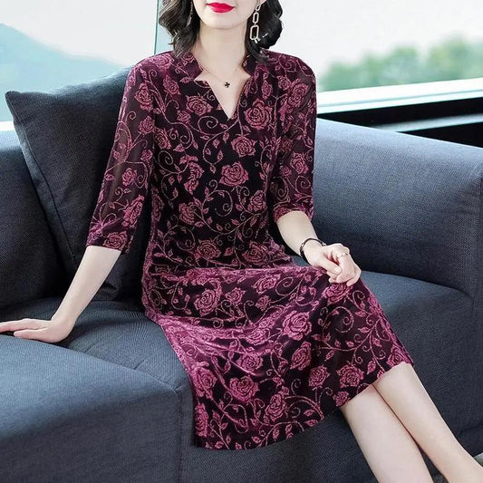 Women's Chiffon Dress Mid Length Ladies Loose Large Size Short Sleeve V-Neck Skirt