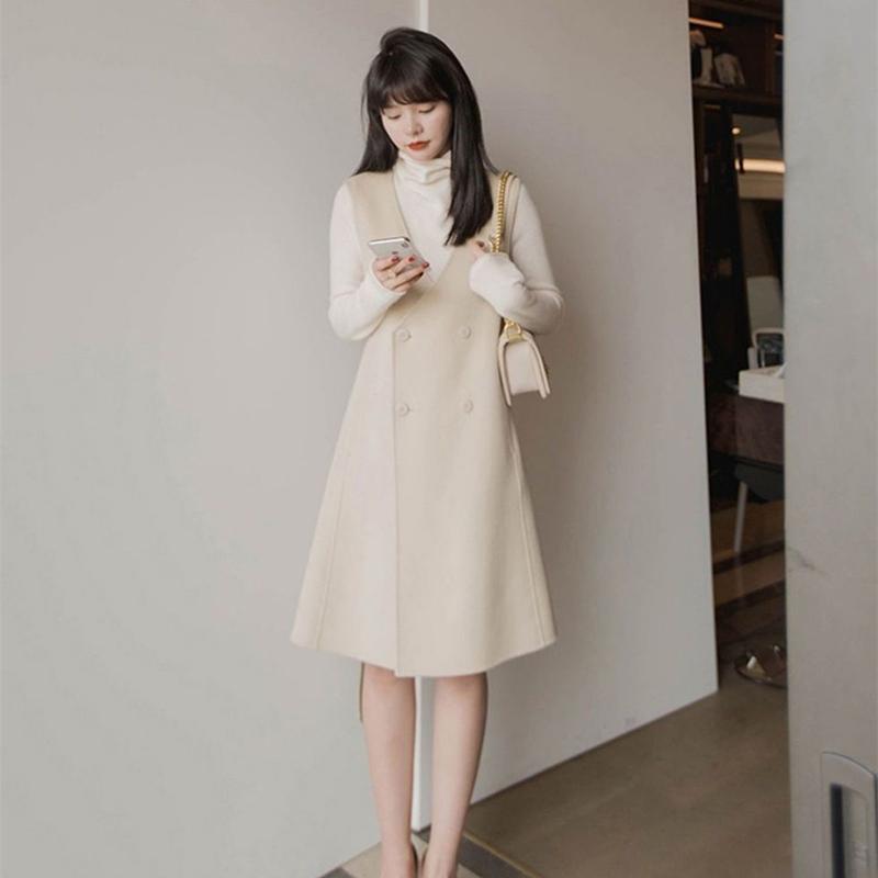 Two-piece Thermal Insulation Woolen Two-piece Short Autumn and Winter Woolen Coat Women's Mid-length Woolen Vest A-line Skirt