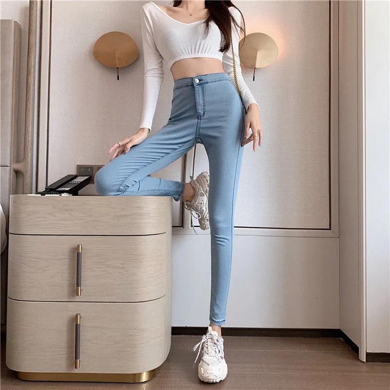 Straight-leg Jeans Women's High Waist Tight Elastic Bag Hip Ninth Trousers Slim Fit All-match Thin and High Pencil Pants Trend