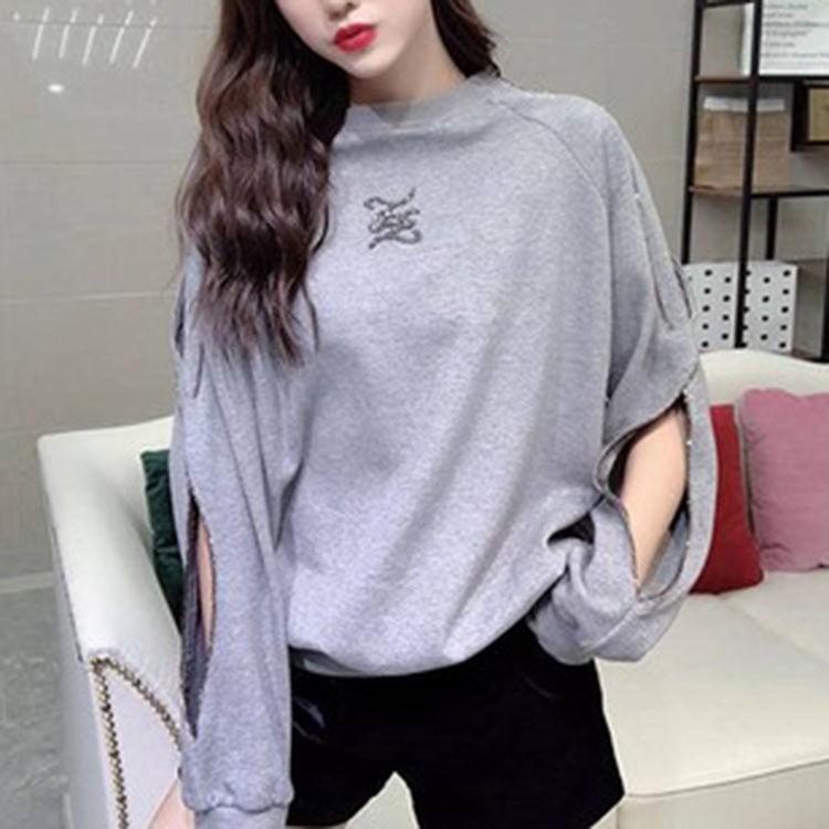 Women's Loose Fashion Sweater Spring and Autumn Hollow Beaded Jacket Off-shoulder Thin Top
