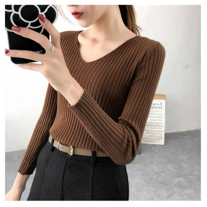 Autumn Winter V-neck Bottoming Shirt Sweater Women's Slim Was Thin Wild Pullover Sweater