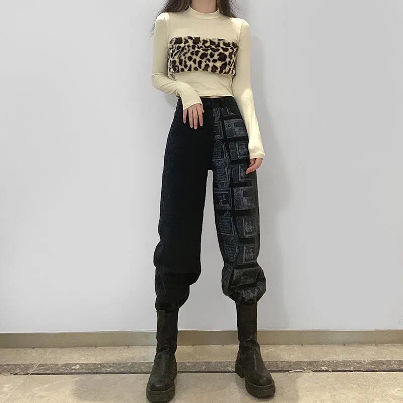 Retro Harva Chic Design Splicing Straight Jeans Female High Waist Wild Slim Show Long Legs Wide Legs