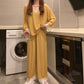 Women's Spring Autumn Long-sleeves Pajamas Set Sexy Lace Edge V-neck Sweet Loose Home Wear Two-piece Suit Solid Color Breathable Sleeping Suit