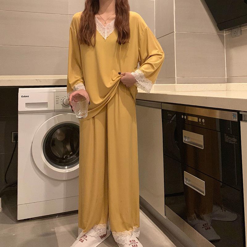 Women's Spring Autumn Long-sleeves Pajamas Set Sexy Lace Edge V-neck Sweet Loose Home Wear Two-piece Suit Solid Color Breathable Sleeping Suit