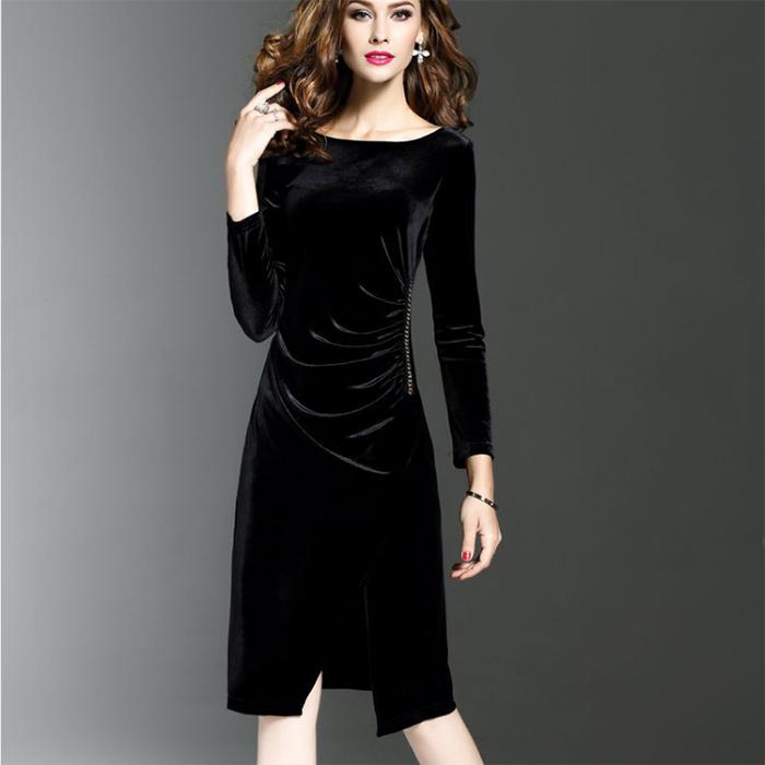 Sexy Gold Velvet Women's Mid-length Round Neck Dress Split Fork Clothing