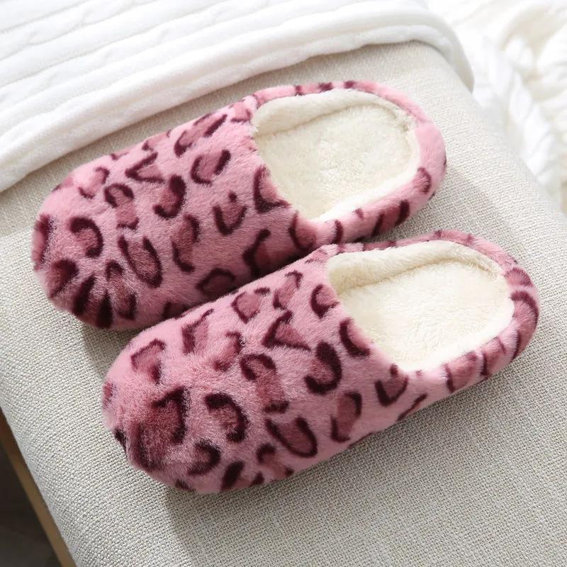 Women Autumn Winter Indoor Slippers Warm Plush Home Leopard Print Slipper Female Household Flat Floor Soft Slient Slippers for Bedroom