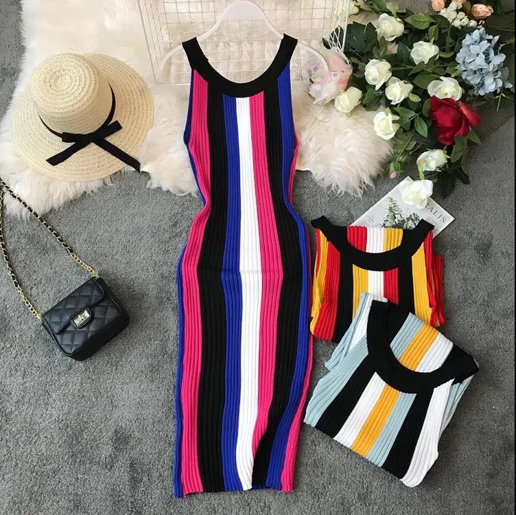 Women's Round Neck Sleeveless Halter Neck Dress Striped Knitted Dress Elastic Slim Bodycon Dress for Party