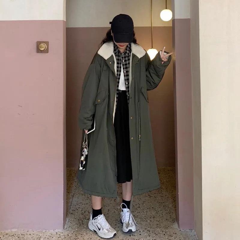 Ladies Lamb Wool Tooling Jacket Hong Kong Style Loose Quilted Jacket Over The Knee Loose Parkas