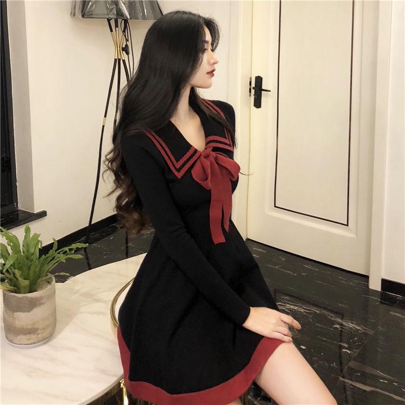 Dress Women Long Sleeve Spring and Autumn Dress Women Lace Sailor Suit Fashion Slim Skirt