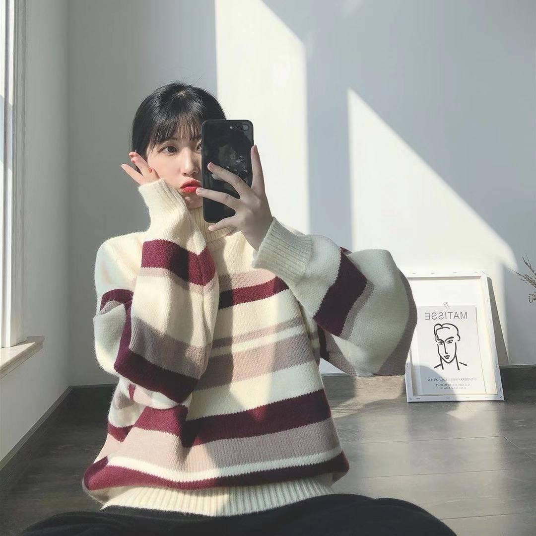 Autumn and Winter Turtleneck Striped Loose Sweater Female Hedging Was Thin Wild Sweater