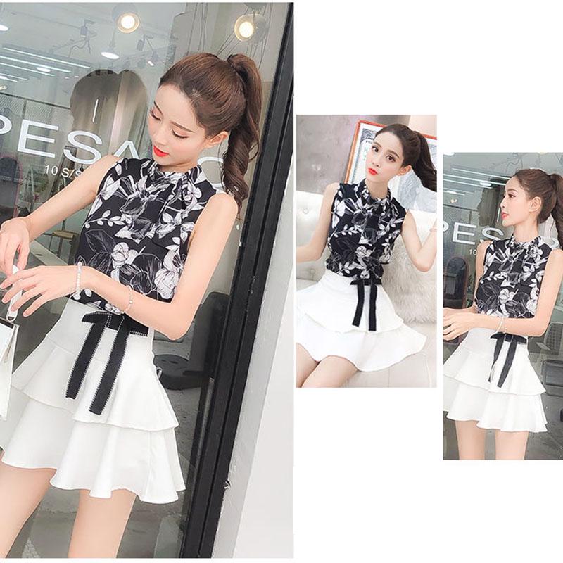 Pofulove Summer Skirt Set Sleeveless Mandarin Collar Blouse Shirt Ruffled Skirt Two-piece Suit Women
