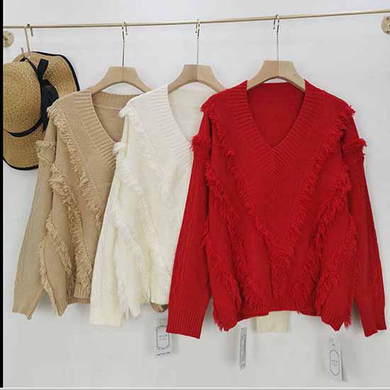 Pofulove Long Sleeve Tassel Sweater Solid Color V-neck Loose Thicken Bottoming Knitwear Jumper Top