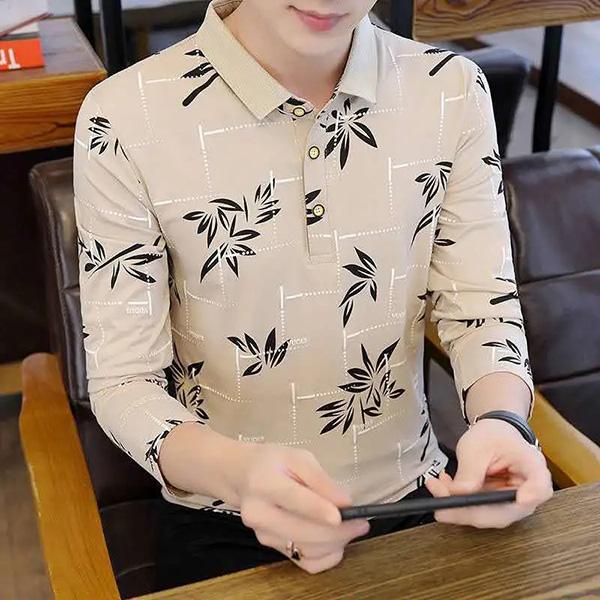 Spring Men's Long-sleeved Floral Printing Polo T-shirt Stitching Color Lapel Shirt Youth Trend Bottoming Shirt Men's Collar Top