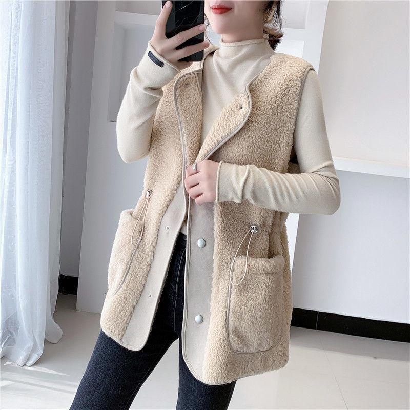 Lamb Wool Warm Vest Female Outer Wear Fur One Coat Female Wild Loose Autumn and Winter Waistcoat Female Round Neck Sleeveless Jacket