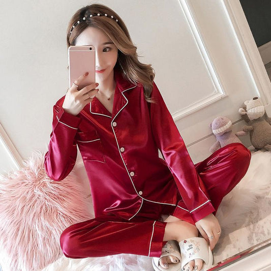 Can Be Worn Outside Home Service Pajamas Women's Long-sleeved Two-piece Suit Imitation Silk Cute Home Service Suit Ice Silk Fabric Soft and Silky