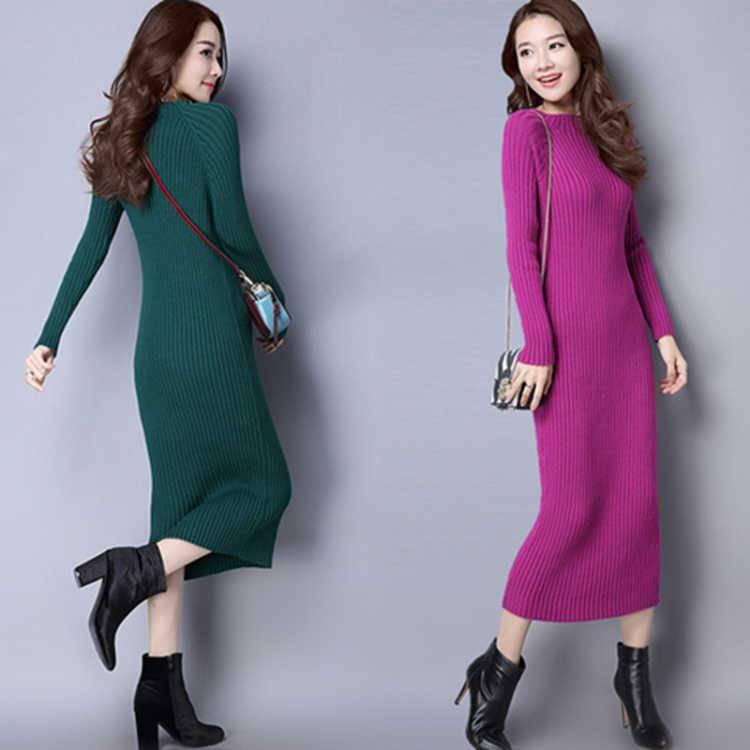 Thick Long Sweater Dress Women Half-high Autumn Winter Sweater Dress Female Casual Loose Knit Dress