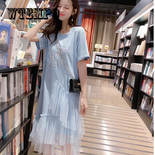 Women Mesh Patchwork Short Sleeve Ball Gown Elegant Casual A -Line Dresses O Neck Knee -Length Dress
