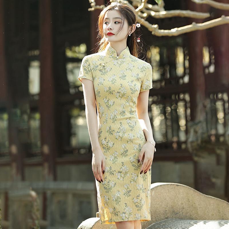 2021 Cheongsam Summer Young Little Man Improved Dress Yellow Daily Girl Retro Temperament