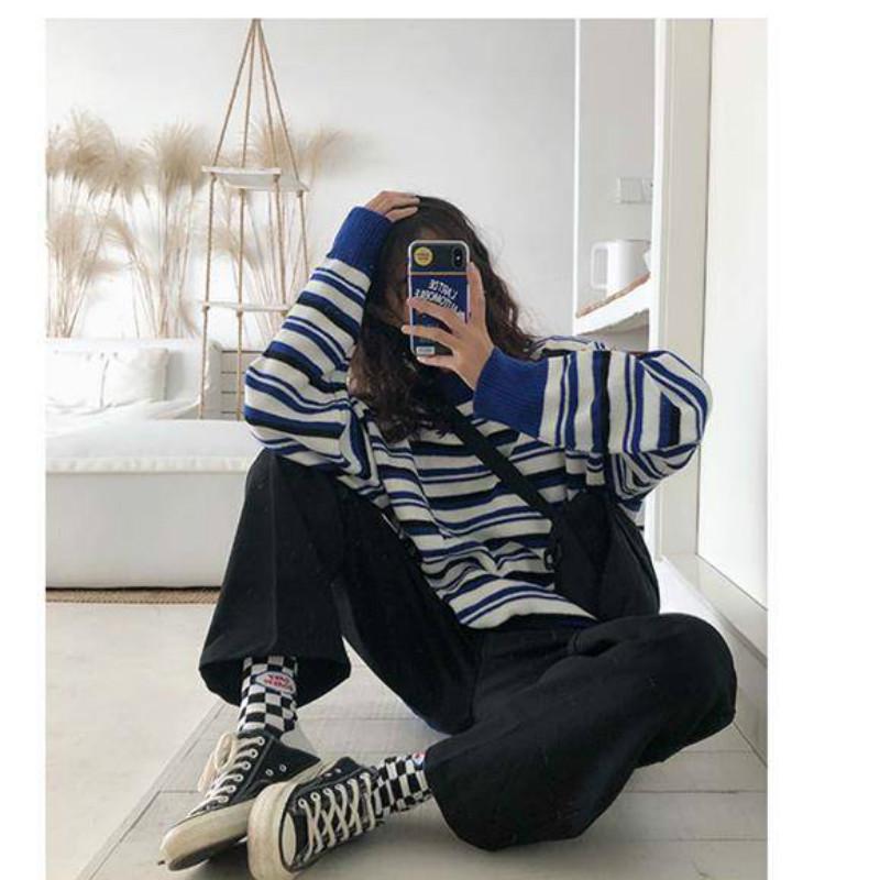 Pofulove Autumn Winter Japanese Striped Sweater Female Korean Loose Wild Round Neck Pullover Sweater
