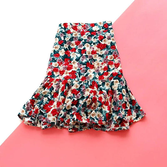 Retro Floral Chiffon Skirt Women's Summer High Waist A-line Fishtail Skirt All-match Short Skirt Irregular Hem Skirt Beach Dress