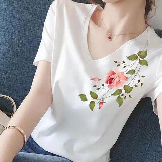 M-4XL Women's Spring Summer Pure Cotton T-Shirts Large Size Loose V-Neck Short Sleeves Solid Color Slim Versatile Bottoming Tops