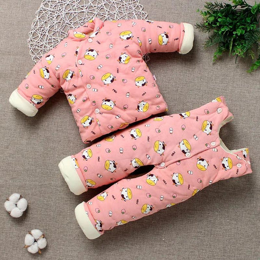 Boys and Girls Baby Handmade Cotton Clothes Set Children's Autumn and Winter Baby Solid Color Printed Pattern Warm Cotton Clothes