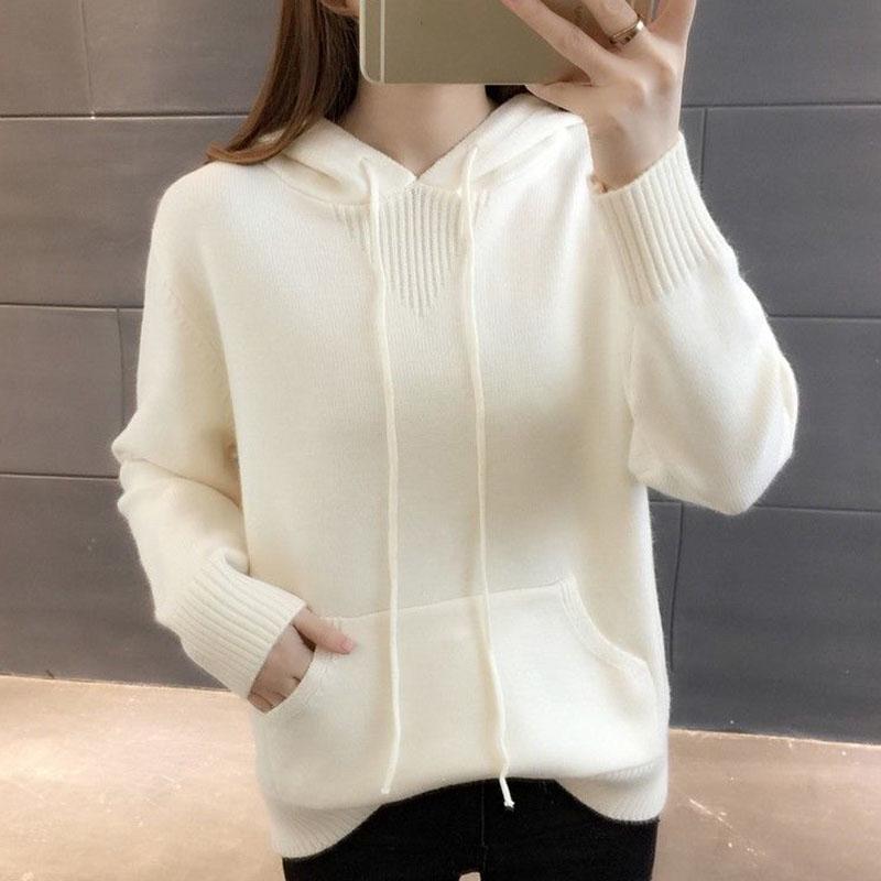 Hooded Sweater Women Loose Pullover Knit Sweater with Pockets for Outer Wear Base Knit Jumper