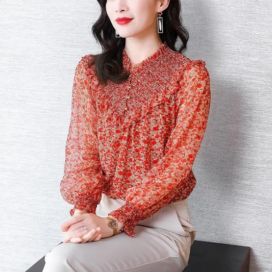 Spring and Autumn Floral Shirt Women's Long-sleeved All-match Chiffon Shirt Top Women