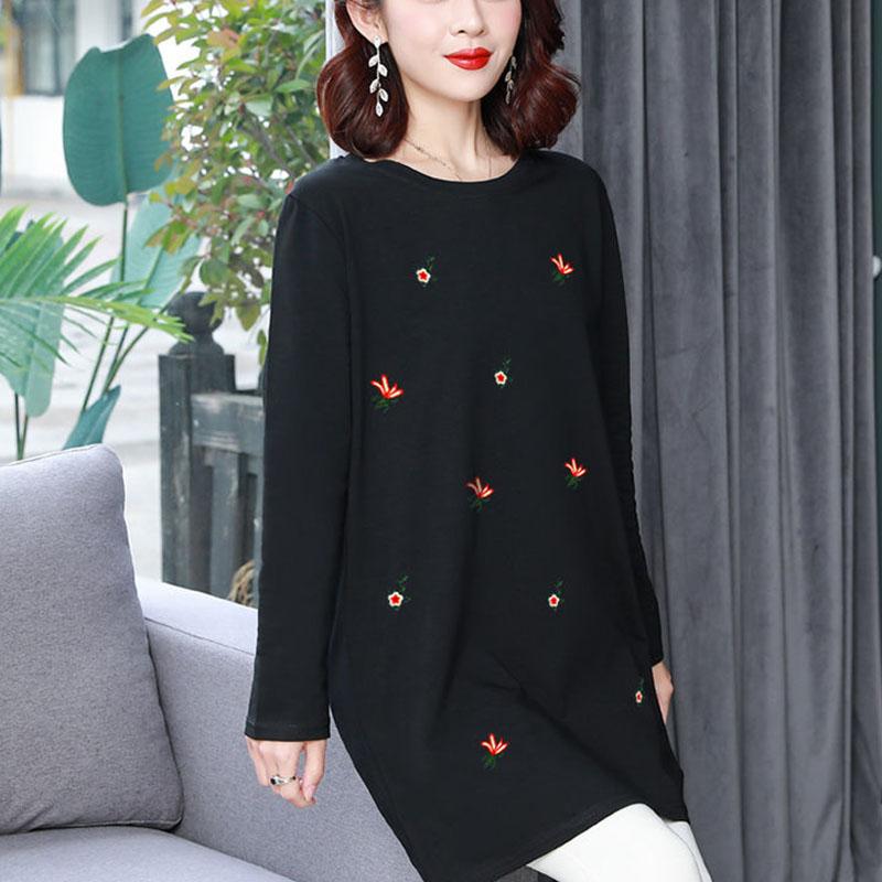 Women's Clothing Autumn and Spring Ladies Round neck Flower embroidery Long-sleeved Casual Loose T-shirt Pullover