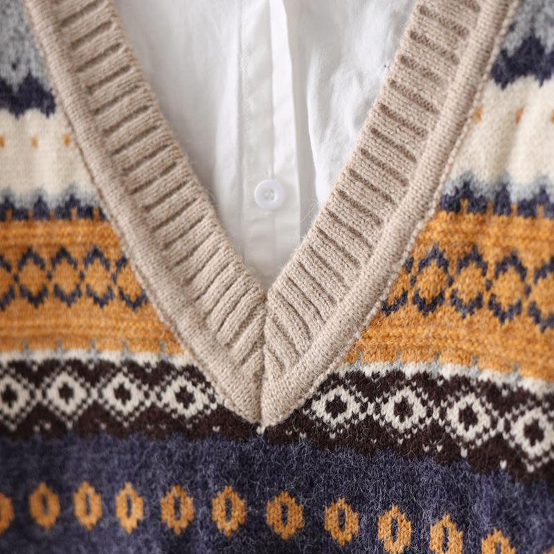Vintage Printed Sweater Vest Sleeveless Knitted Vest Loose Pullover Sweater Tank Tops for Women