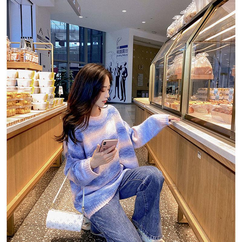 Japanese Color Sweater Women Loose Casual Pullover Rainbow Stripe Schoolgirl Knit Sweater