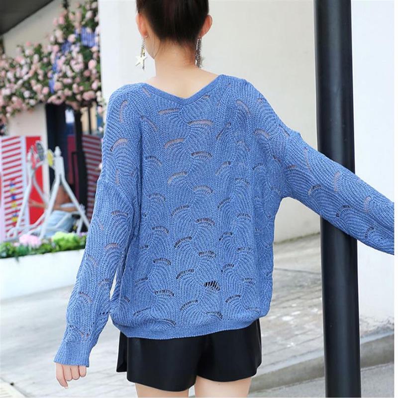Spring and Autumn Style Hollow Loose Knit Sweater Women V-neck Slim-fit Warm Sweater Long-sleeved Pullover Casual Top