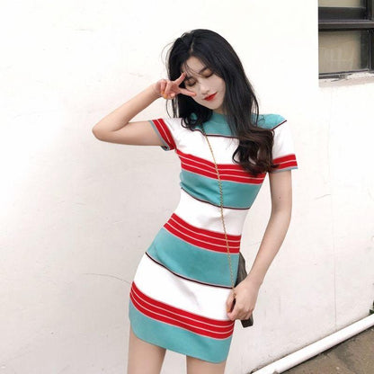 Female Summer Simple Stripe Contrast Knitted Dress Vintage Elegant Slim Holiday Graceful Dress
