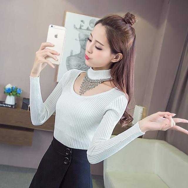 Pofulove Warm Sexy Sweater Turtleneck Slim Bottoming Blouse Solid Color Rhinestone Necklace Knitwear