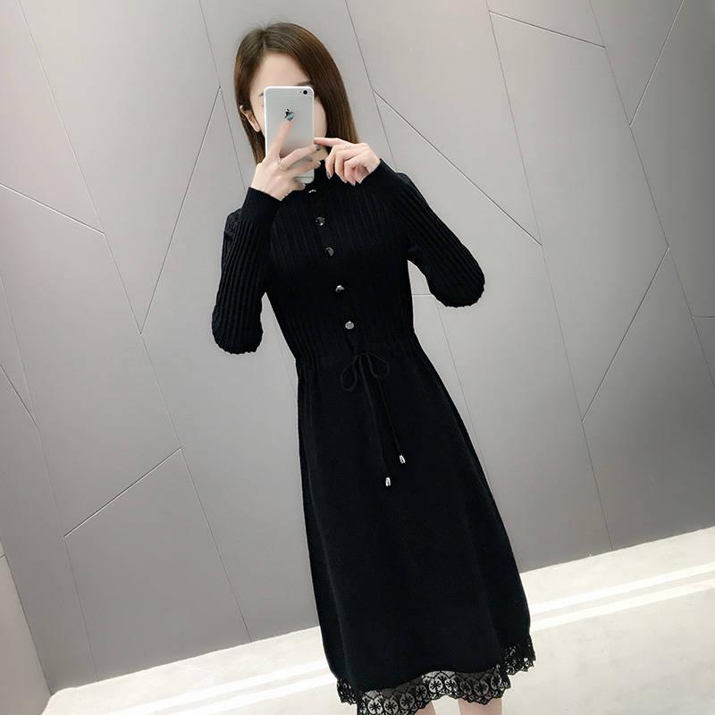 Dress Women High Neck Knitting Pullovers Clothes Waist Turtleneck Long Sleeve Lace Sweater Dress