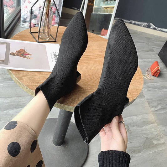Flock Ankle Boots Women for Autumn Winter Fashion Pointed Toe Heel Woman Chelsea Boots Plus Size
