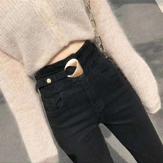 High Waist Tight Jeans Female Thin Wild Tie Stretch Nine Points Small Foot Pants Tide
