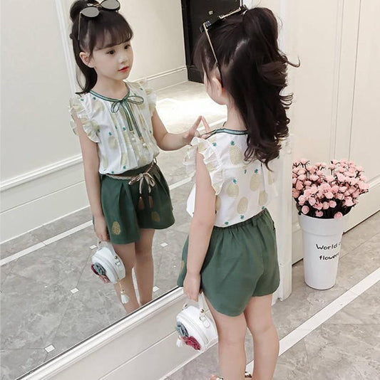 2PCS Children Clothing Set Spring Summer Girls Suits Printing Dot Sleeveless Tops + Pants Clothing Set