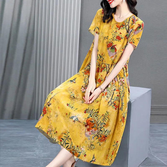 Women's Summer Plus Size Loose Long Print Dress Round Neck Slim Dress
