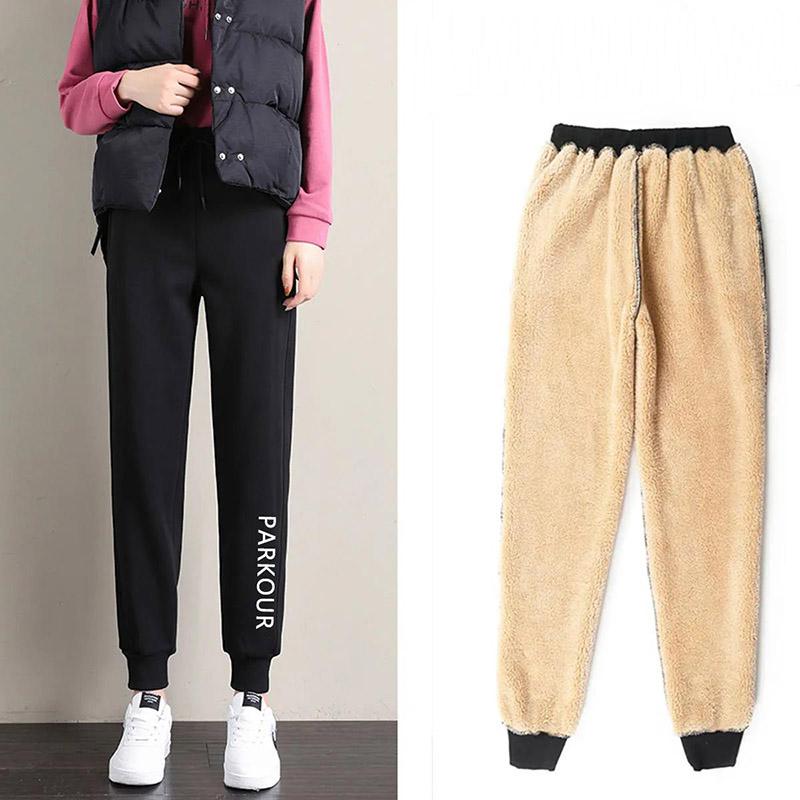 Pure Color Sports Pants Women Printing Winter Plus Velvet Thickening All-match Harem Pants Women's Casual Pants Beamed Pants Women Were Thin