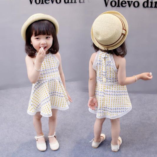 Girls' Summer Korean Style Dot Bohemian Dress Round Neck Sleeveless Dress Lace Cute Baby A-line Skirt