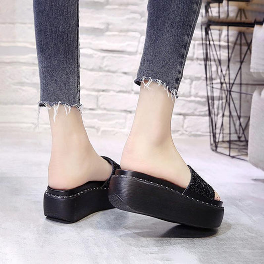 High-heeled Rhinestone Sandals and Slippers Women's Summer Wear All-match Rivets Thick-soled One-word Drag High-heeled Sandals and Crystal Sequins