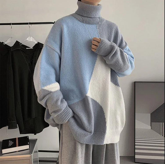 Turtleneck Sweater Men's Autumn and Winter Trend Color Matching Thick Knit Sweater Korean Version of All-match Loose Sweater