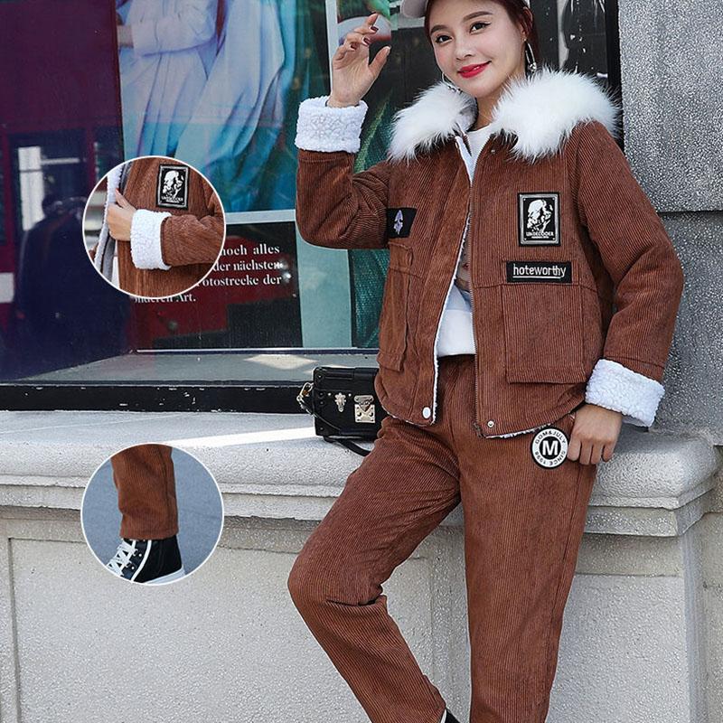 2pcs/set Winter Parka Women Fleece Liner Hooded Parka Coat+ Pant Two-piece Set Ladies Causual Warm Jacket   Outwear Outfits