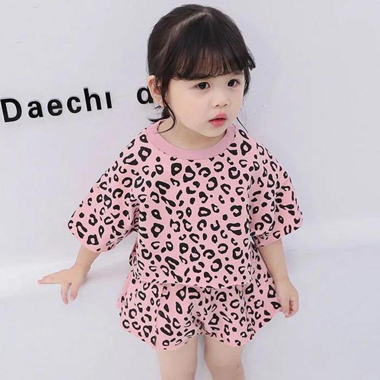 Girls' New Leopard Print Baby Summer Indoor Air-conditioning Suit Short-sleeved Shorts 2-piece Set